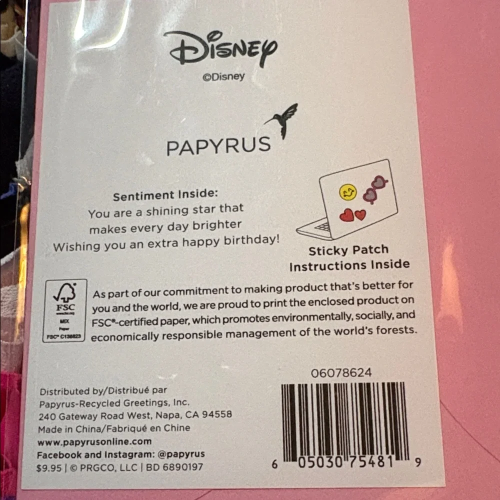 🆕American Greetings-Papyrus ‘Disney’ Birthday Card With Stick On Patch
